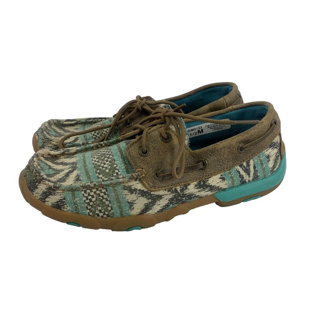 Twisted X Canvas Boat Shoe Driving‎ Moc Teal Pattern Lace Up WDM0133 Womens 6.5
